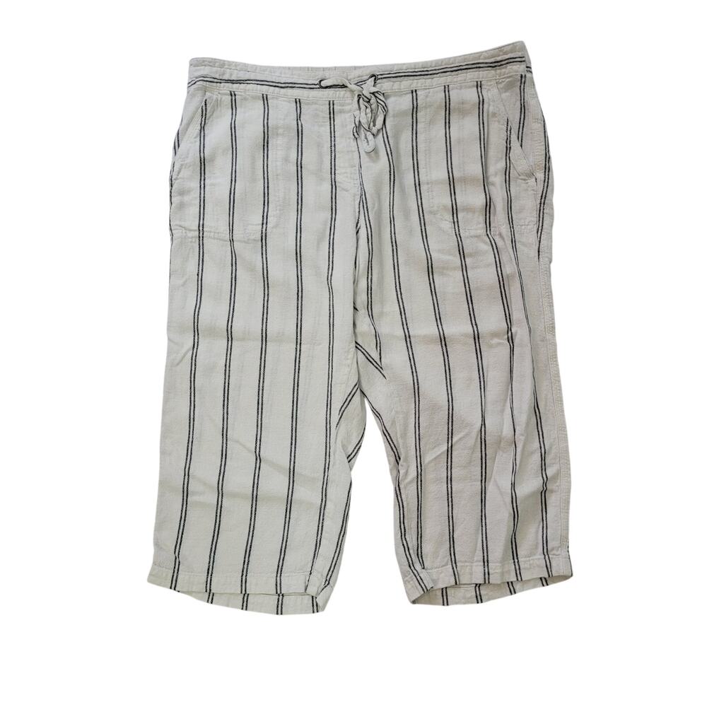 Per Se Size 1x Linenâ Blend White Blue Striped Wide Leg Lounge Cropped Pants